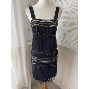 Unique Vintage Medium Black Gold 1920’s Great Gatsby Beaded Sequin Tank Dress